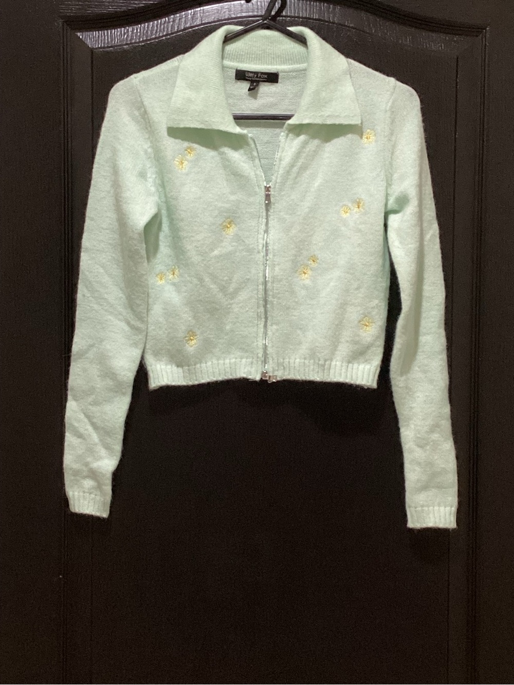 Vintage Witty Fox Mint Green Cropped Zip Cardigan with Daisy Embroidery